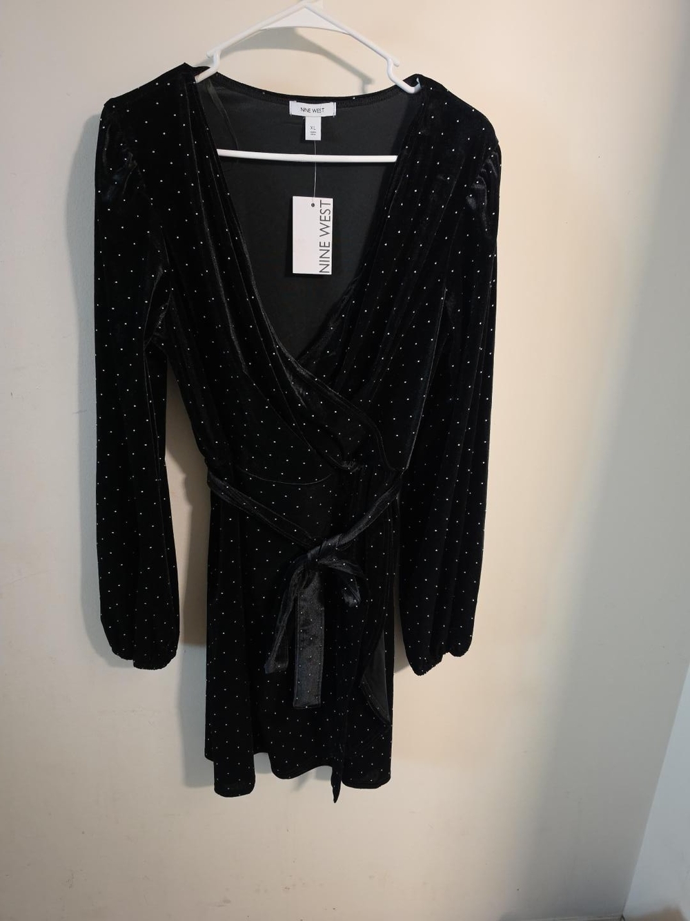 Nine West Black Velvet Wrap Dress with Rhinestone Dots